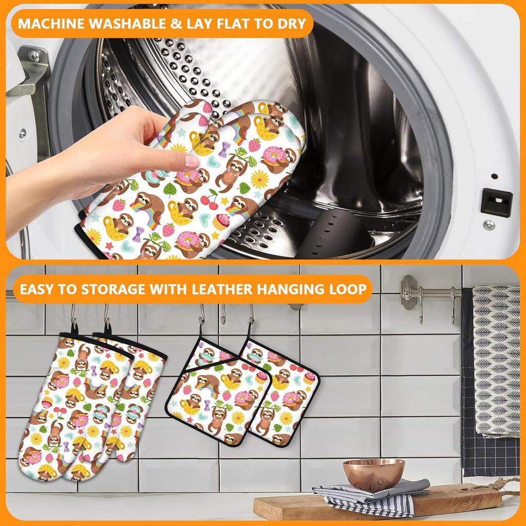 Cute Sloth Oven Mitts and Pot Holders Sets 4Pcs,Extra Long Oven Gloves Potholder for Kitchen Cooking Baking BBQ 100% Cotton Heat Resistant