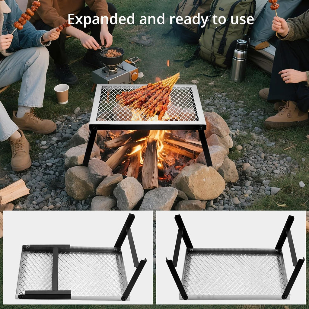 Folding Campfire Grill, 16" x 12" Heavy Duty Steel Mesh Grate Chrome Finish with Folding Legs, Portable Campfire Cooking Equipment, for Camping Outdoor BBQ Cooking Open Fire, Silver