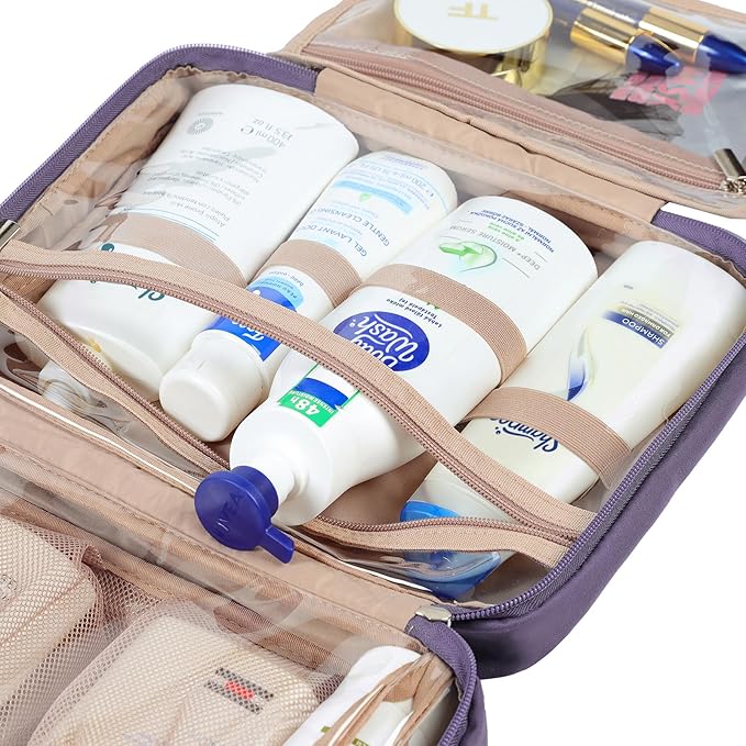 NISHEL Travel Toiletry Bag for Women Large Capacity, Makeup Essentials Organizer, Hanging Case for Accessories, Cosmetics, Purple