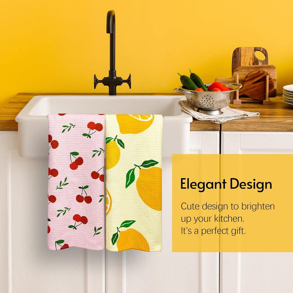 Kitchen Towels, 18" x 30" Dish Towels, Microfiber Tea Towels for Kitchen Drying, Superior Absorbency, Lemon Cherry Series, 2-Pack