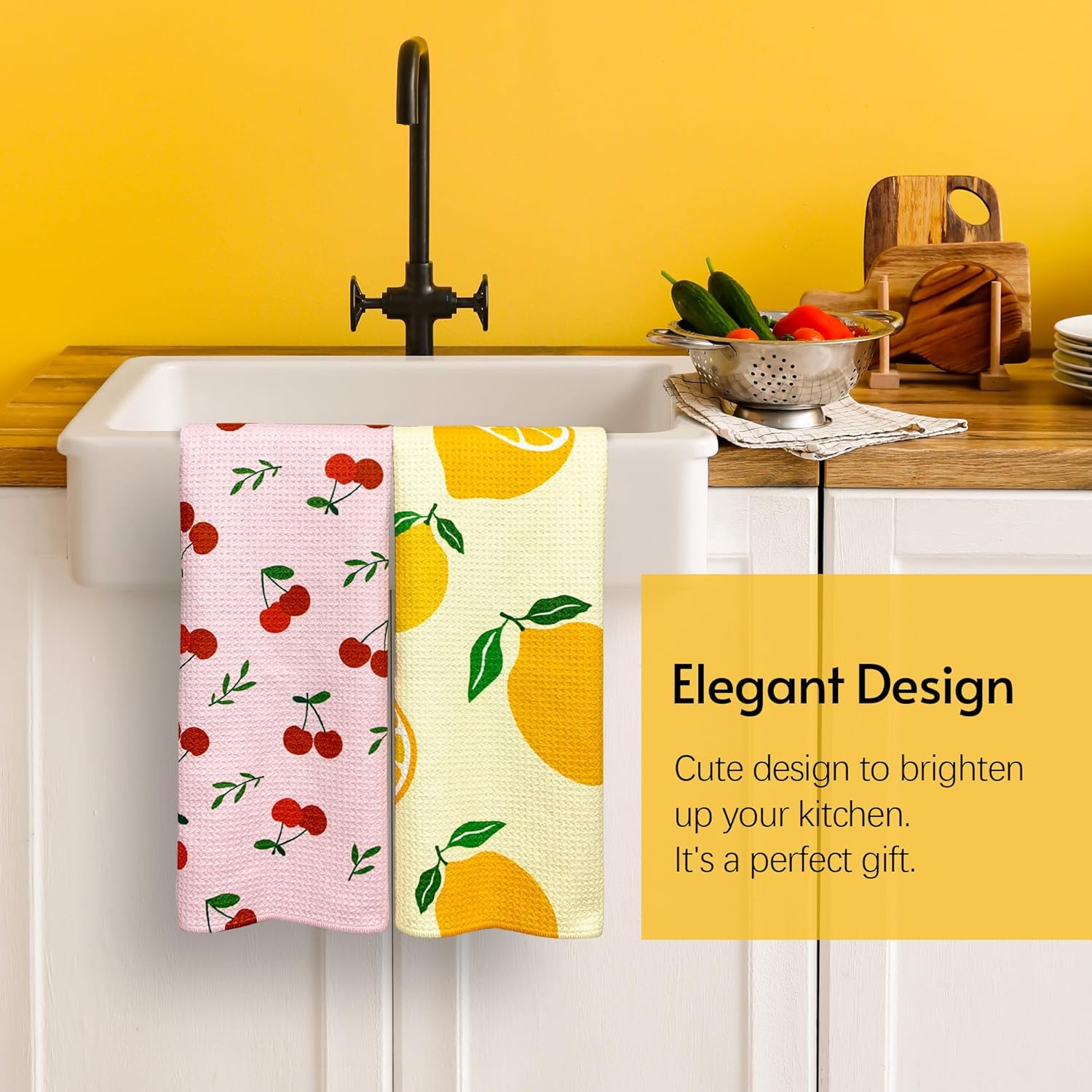 Kitchen Towels, 18" x 30" Dish Towels, Microfiber Tea Towels for Kitchen Drying, Superior Absorbency, Lemon Cherry Series, 2-Pack