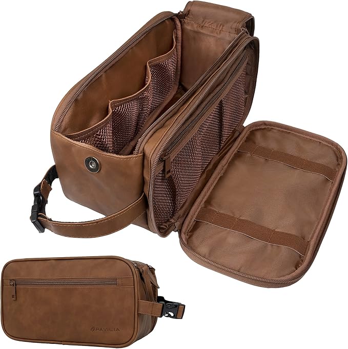 PAVILIA Toiletry Bag for Men, Travel Essentials Shaving Dopp Kit, Mens Travel Bag Toiletries Organizer Case for Grooming, PU Leather Water Resistant Cosmetic Bag Pouch (Brown)