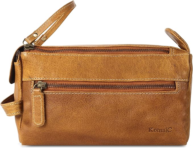 KomalC Premium Buffalo Leather Unisex Toiletry Bag Travel Dopp Kit