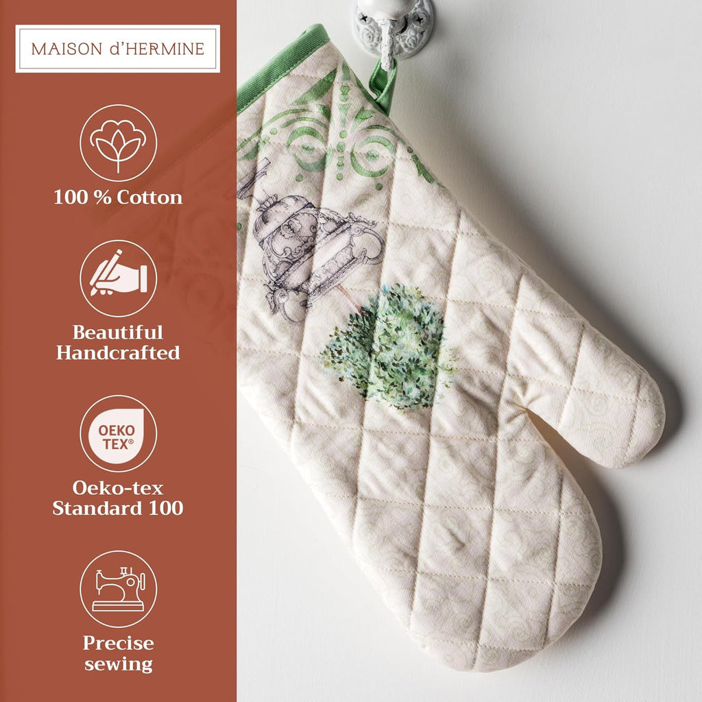 Maison d' Hermine Oven Gloves 100% Cotton Oven Mitt 7" x 13" with Loop Heat Resistant, BBQ, Cooking Gloves, Baking, Grilling, Kitchen, Handling Hot Pans Spring/Summer (Pack of 1, Jardin Du Roy)