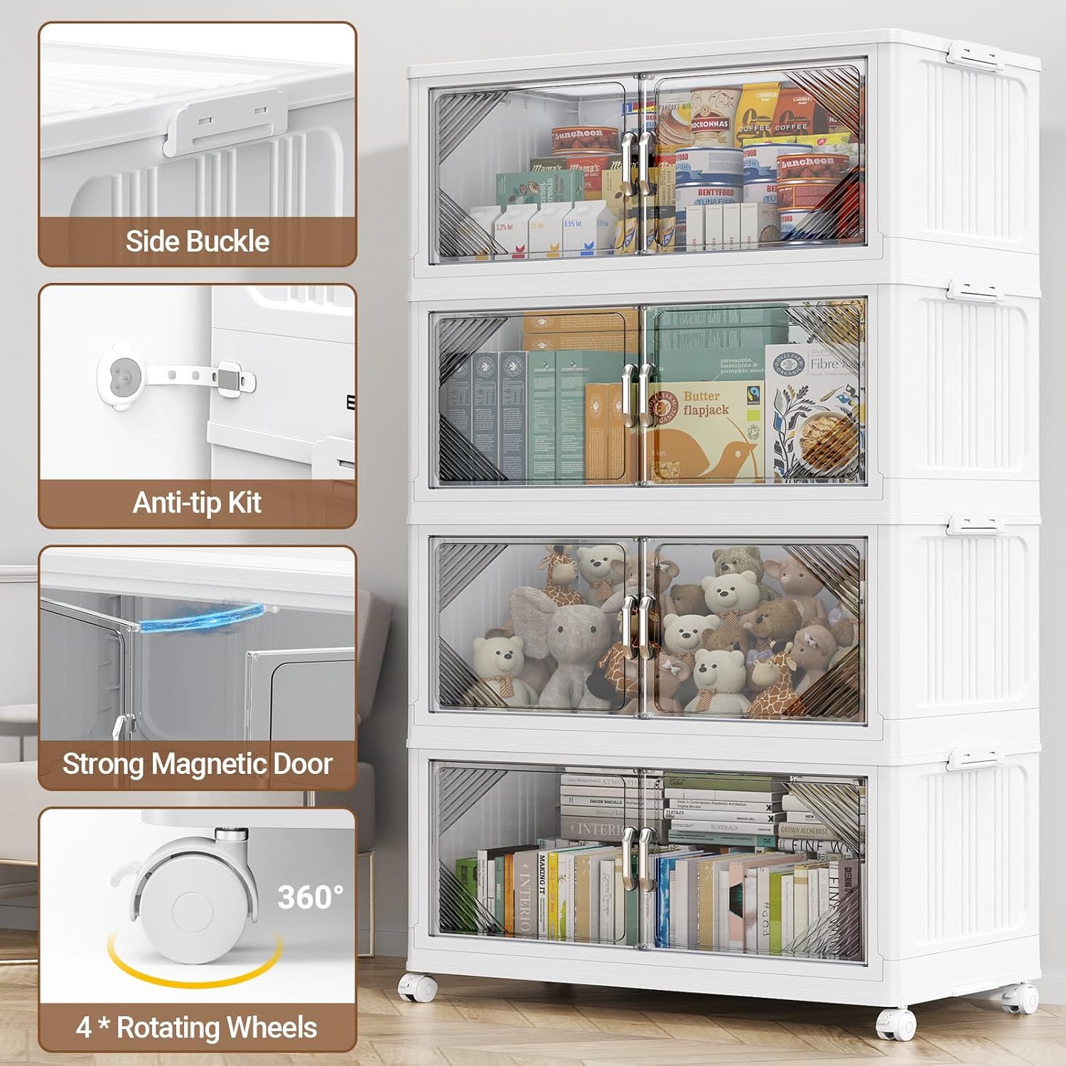 175Gal Plastic Stackable Storage Bins with Lid, 700QT Extra Large Closet Organizers Collapsible Cabinets Boxes With Drawers, Foldable Containers with 4x Wheels for Home Kitchen, V60 5Pack White