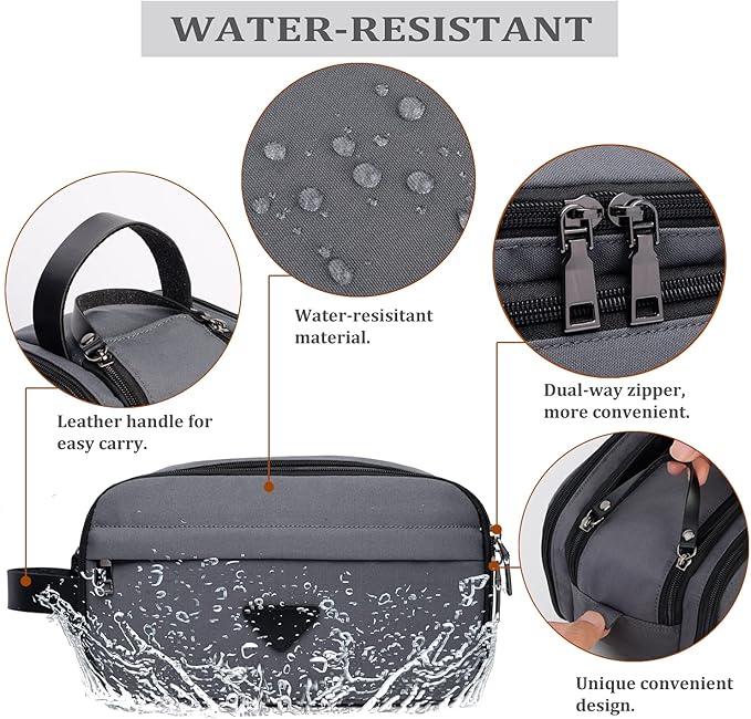 Mens Toiletry Bag Travel Leather Toiletry Organizer Dopp Kit for Men Water-resistant Shaving Bag for Bathroom (Grey)