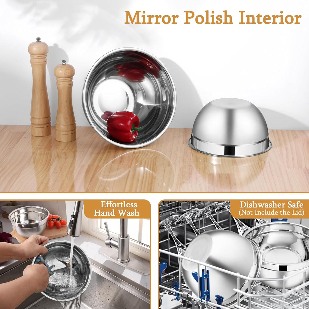 LIANYU Mixing Bowls with Airtight Lids Sets, 3 Packs Stainless Steel Metal Mixing Bowls, Ideal for Prepping, Cooking, Storage, Serving, Freezer & Dishwasher Safe, Khaki