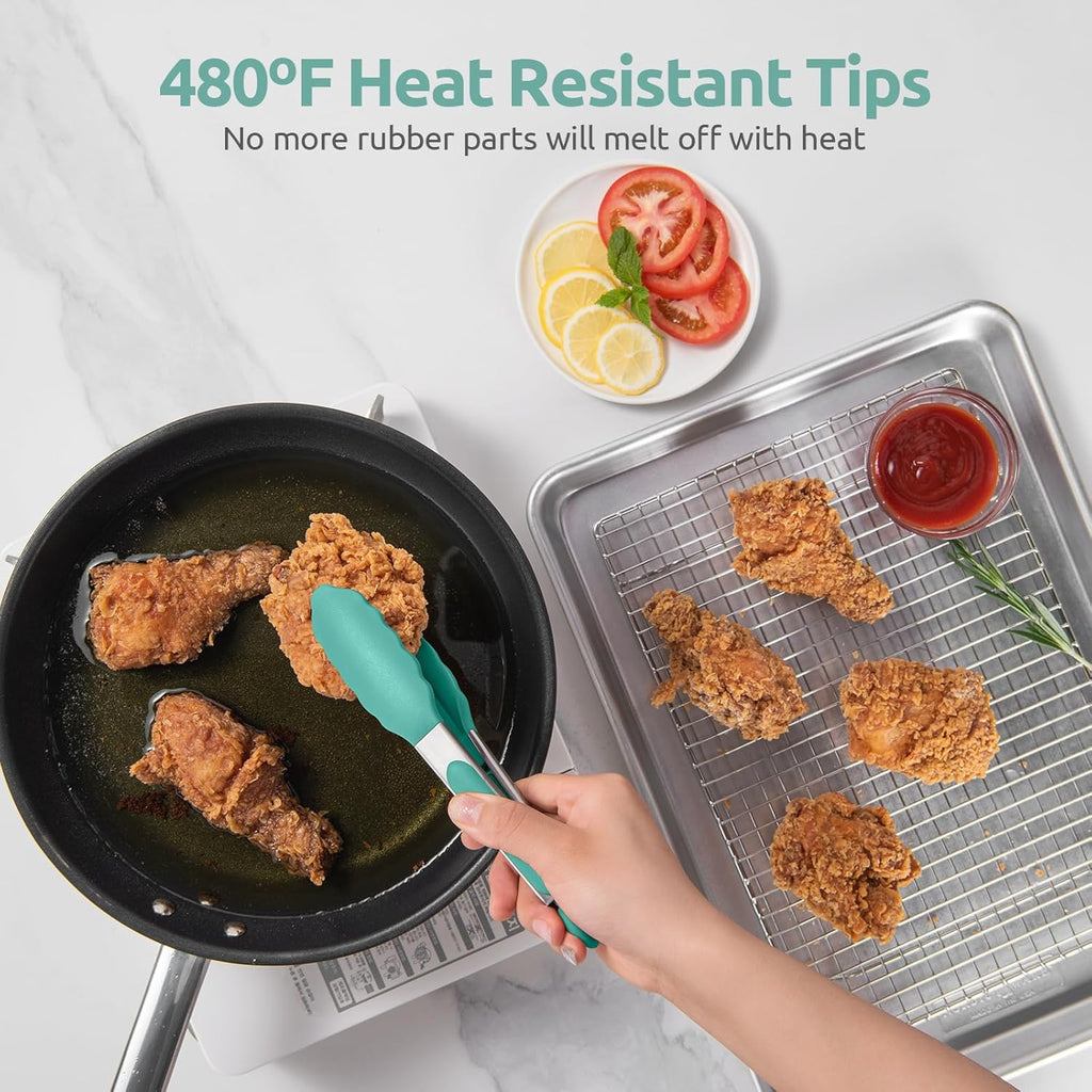 480ºF Heat Resistant Kitchen Tong: U-Taste 7in Silicone Cooking Tong with Firm Sealed Non Stick Rubber Tips & Silicon Coated 18/8 Stainless Steel Handle & Smooth Locking for Serving Salad (Aqua Sky)