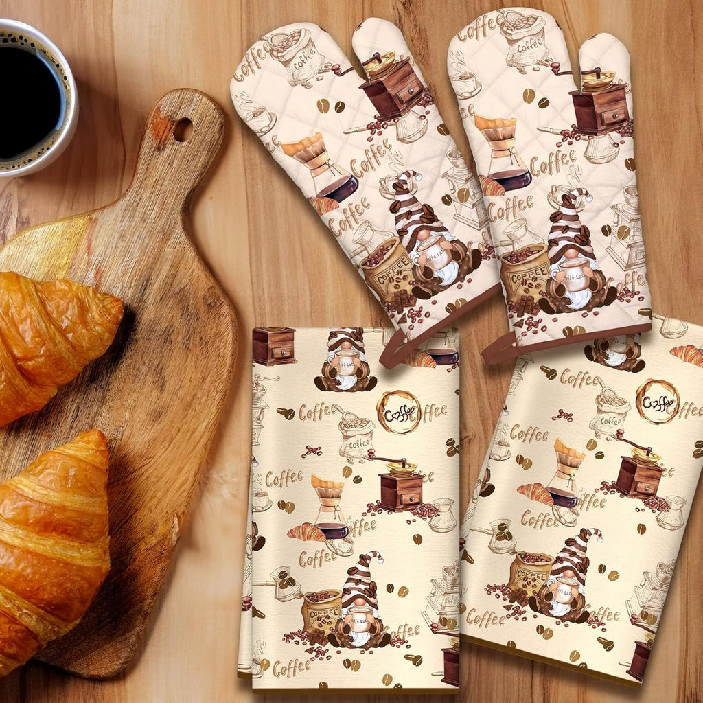 Vintage Coffee Kitchen Towels and Oven Mitts Set 4Pcs, Soft Absorbent Dish Cloth Heat Resistant Oven Gloves for Cooking Baking Kitchen Decoration, Gifts for Her