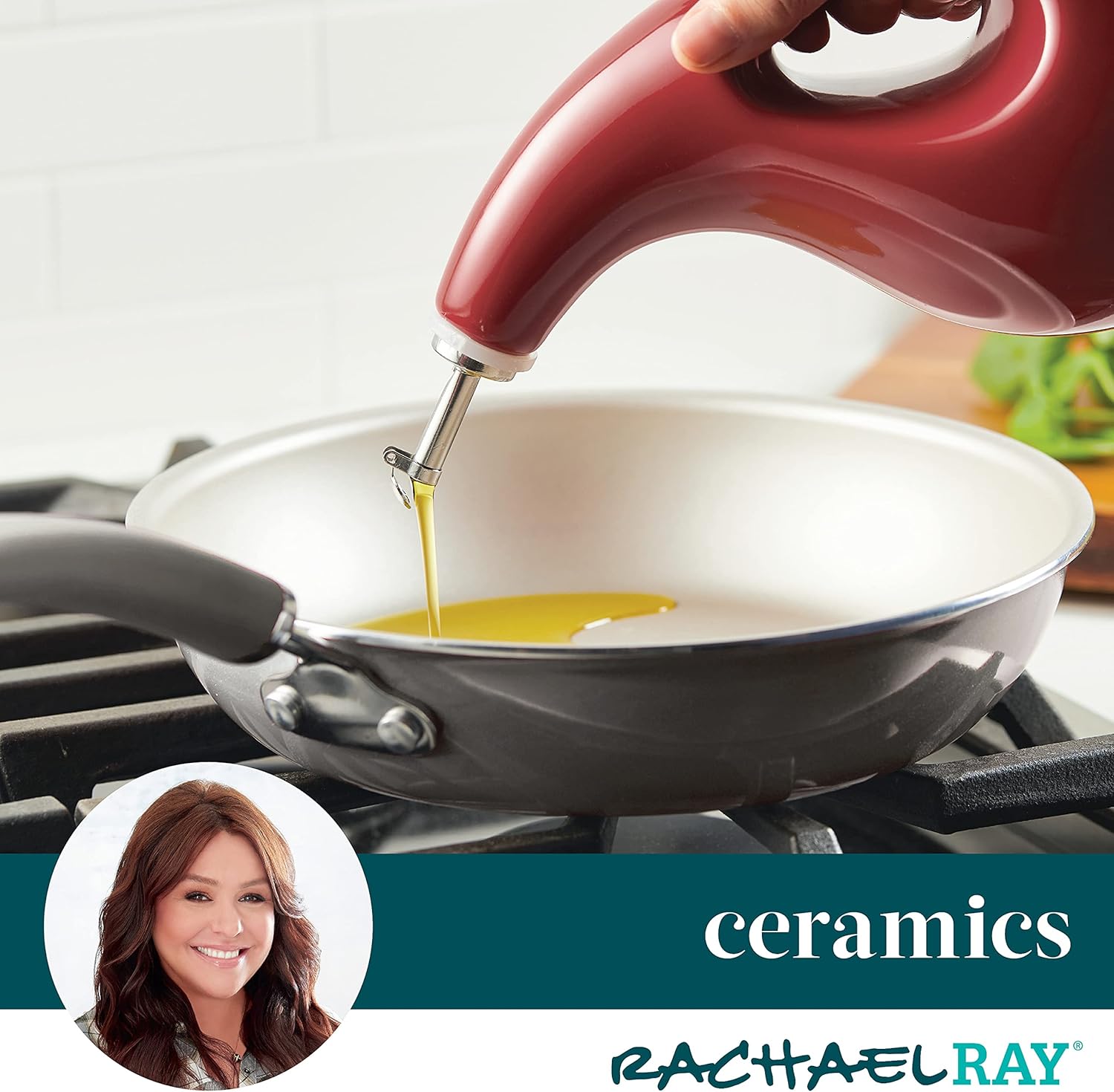 Rachael Ray Ceramic EVOO Oil and Vinegar Dispensing Bottle with Spout, 24 Ounce - Cranberry Red