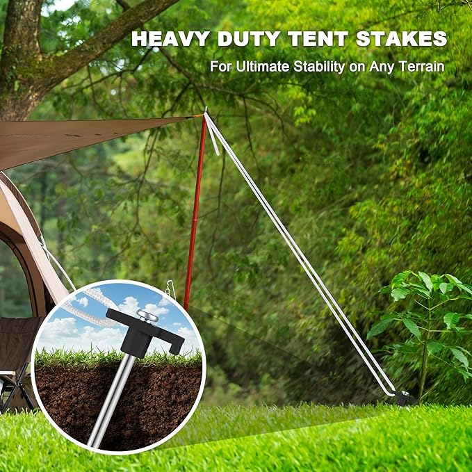 Aodaer 24 Pack Tent Stakes Heavy Duty Tent Pegs 10.25 Inch Non-Rust Metal Yard Stakes with 4x10ft Ropes and Storage Bag Inflatable Stakes for Gardening & Canopies, Camping Halloween Christmas, Black