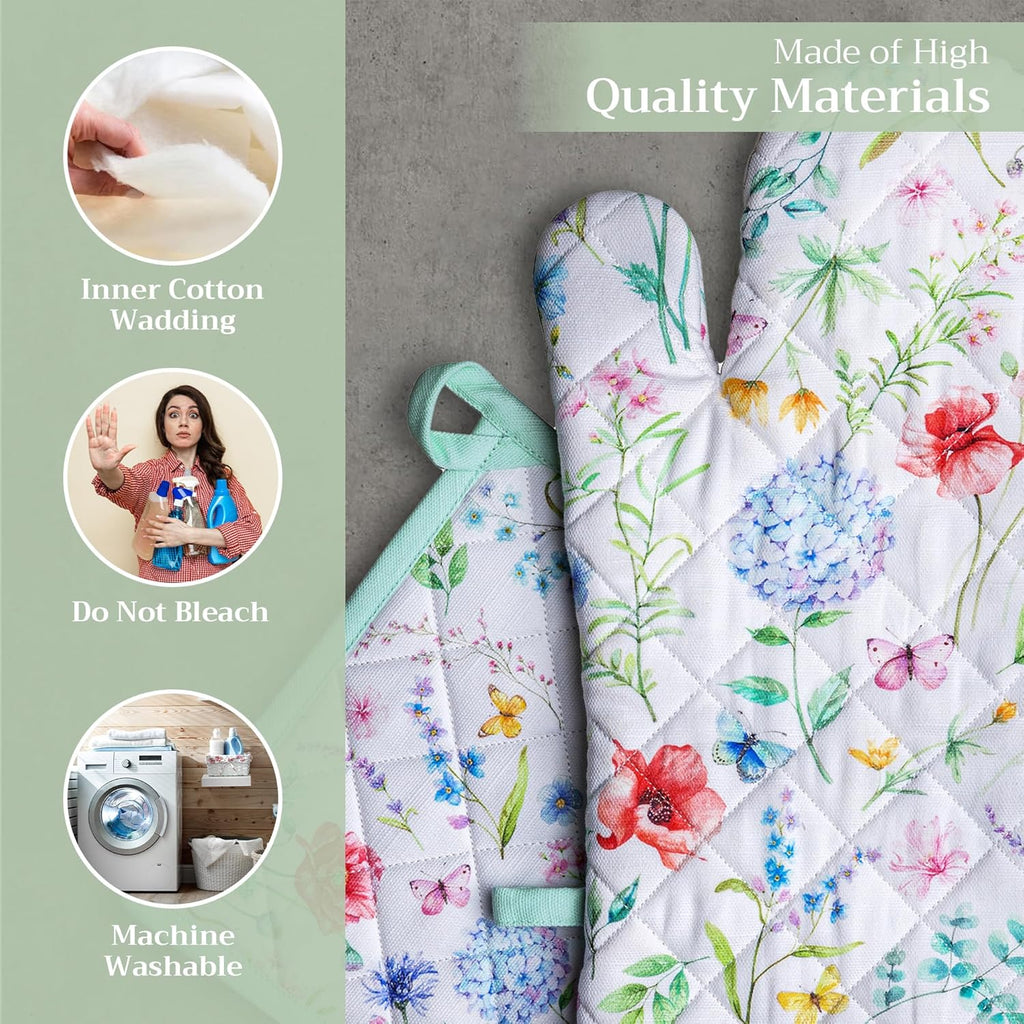 Maison d' Hermine 100% Cotton Oven Mitt & Pot Holder Set (7.5"x13" & 8"x8") Heat Resistant BBQ Cooking Gloves with Loop, Baking, Grilling, Kitchen, Handling Hot Pans Spring/Summer (Just Floral)