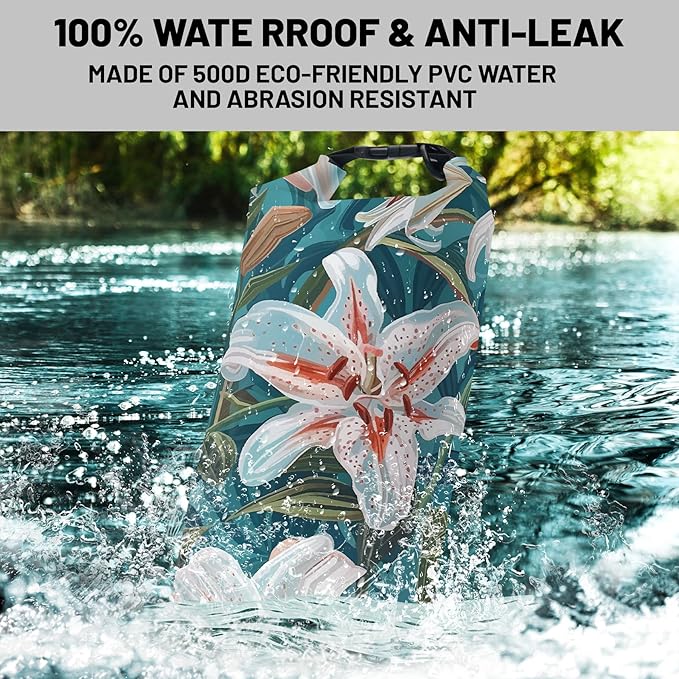 Waterproof Dry Bag,Roll Top Flowers Lily Waterproof Backpack 5L/10L/20L Floating and Lightweight Bags for Kayaking, Boating, Fishing, Swimming and Camping with Waterproof Phone Case