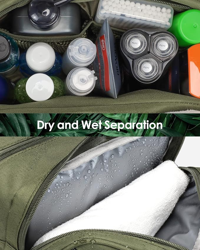 TACTICISM Toiletry Bag for Men - Dry Wet Separate Travel Toiletry Bag, Tactical Molle Dopp Kit for Men with Large Capacity, Water-Resistant Shaving Bag for Adult Women for Travel, Green