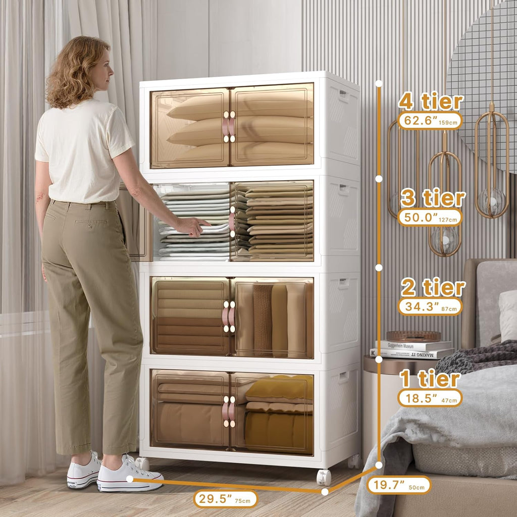 Extra Large Stackable Storage Bins with Lids and Wheels, Foldable Collapsible Closet Organizers,672QT-168QT/42GAL*4Pack Plastic Stackable Storage drawers for bedroom Dorm