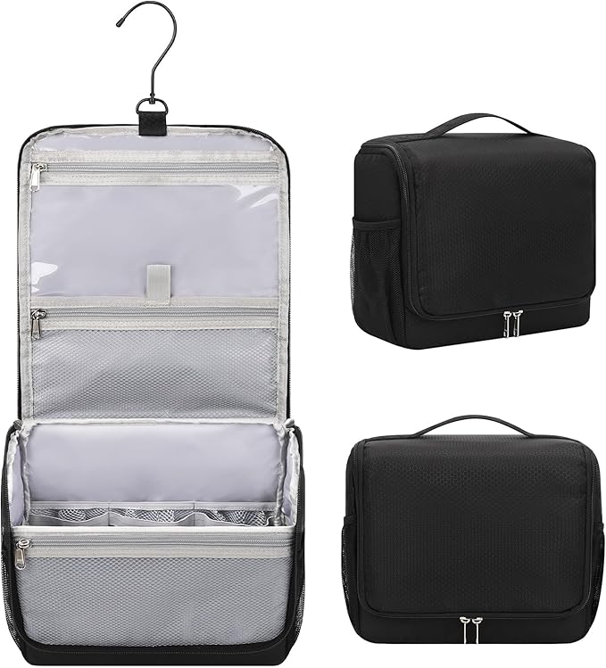 Relavel Toiletry Bag for Men, Hanging Travel Makeup Bag for Women, Waterproof Large Cosmetic Organizer Multiple Compartments for Accessories, Full Sized Toiletries, Dopp Kit Shaving Bag, Black