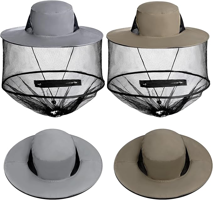 Sucrain 2 Pack Mosquito Head Net Hat Sun Hat Garden Bug Hat with Hidden Net Mesh for Outdoor Gardening Beekeeping