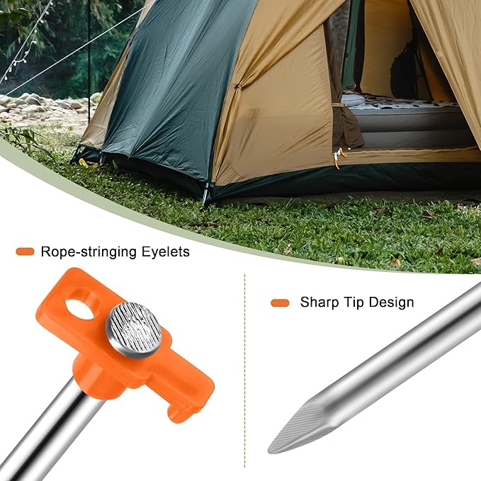 Aodaer 12 Pack Tent Stakes Heavy Duty Tent Pegs 10.25 Inch Non-Rust Metal Yard Stakes with 4x10ft Ropes and Storage Bag Inflatable Stakes for Gardening & Canopies, Camping Halloween Christmas, Orange