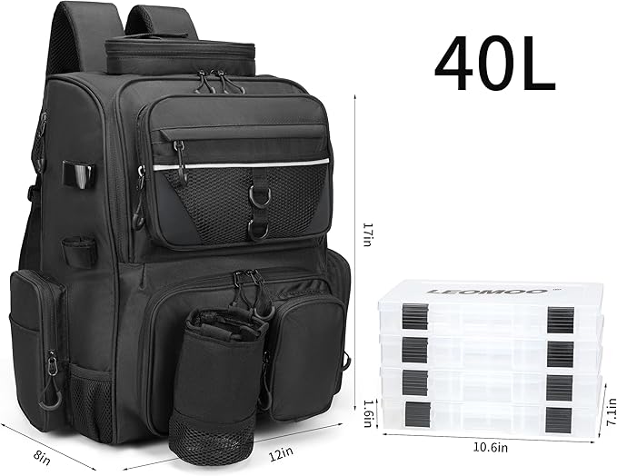 Fishing Tackle Backpack With Rod Holders, Large 40L Fishing Backpack for Camping, Hiking