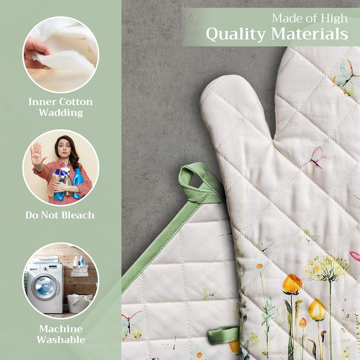 Maison d' Hermine 100% Cotton Oven Mitt & Pot Holder Set (7.5"x13" & 8"x8") Heat Resistant BBQ Cooking Gloves with Loop, Baking, Grilling, Kitchen, Handling Hot Pans Spring/Summer (Botanical Fresh)