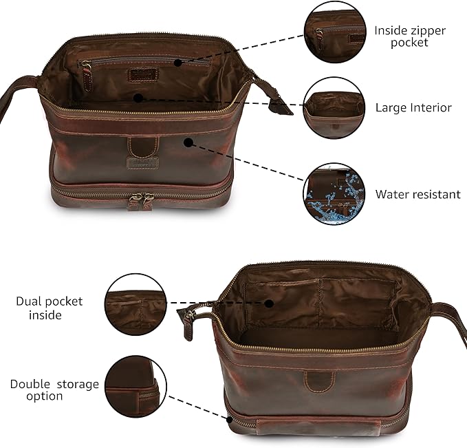LEATHER VILLAGE Genuine Leather Dopp Kit – Large Travel Toiletry Bag with Waterproof Lining, Dual-Zip Design for Men & Women, Organizer for Shaving, Makeup & Essentials - Cherry