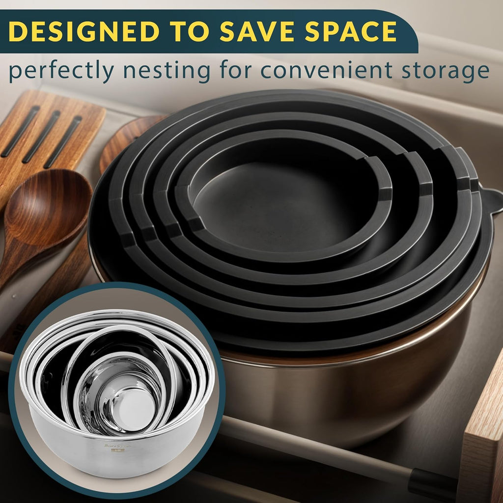 Stainless Steel Mixing Bowls with Lids Set, 5 Sizes, 3 Graters, Non-Slip Base, Airtight Lids, Metal Mixing Bowls for Kitchen, Food Prep, Storage, 0.63QT-5QT, Black