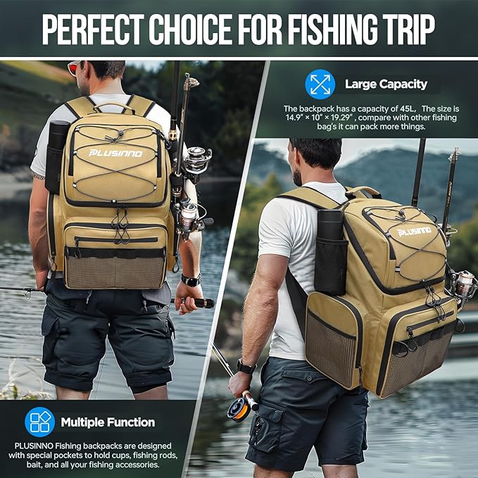 PLUSINNO Cooler Fishing Backpack with Rod Holders 45L Large Water-resistant Fishing Tackle bag Store Fishing Gear Fishing Gifts for Men Father