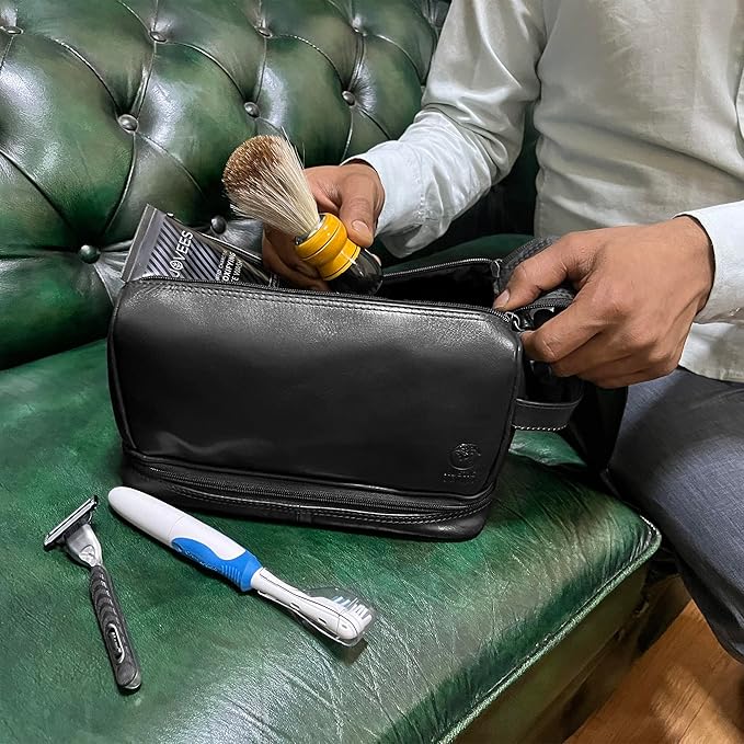 RusticTown Leather Toiletry Bag for Men - Travel Shaving Dopp Kit - Bathroom Shower Toiletries Organizer - Cosmetic Make up Bag for Women