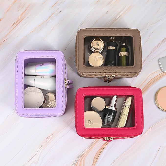 Aveniee Clear Makeup Bag for Women, Travel Cosmetic Case Toiletry Bag, Heavy Duty Makeup Organizer Car Bag for Accessories with Gold Zippers(Taupe)