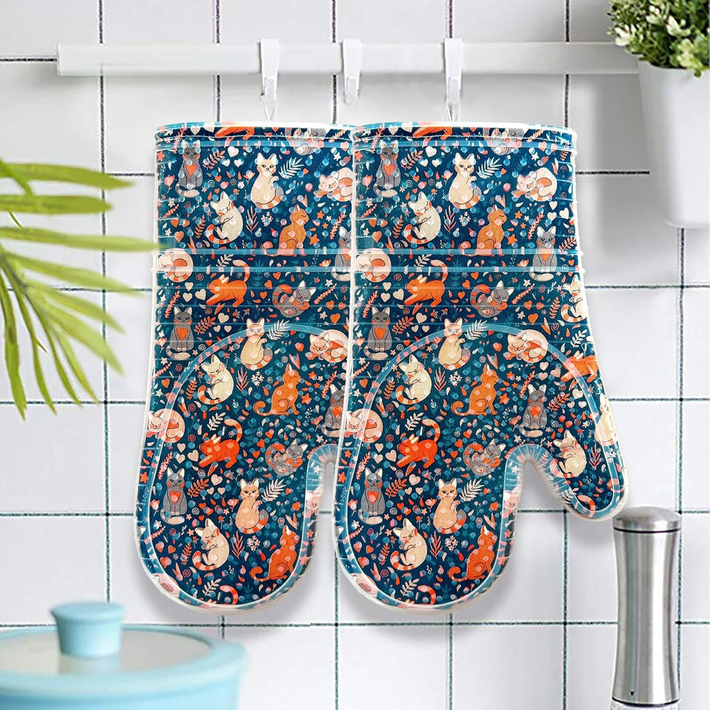 Oven Mitts Set of 2 with Transparent Clear Silicone Shell and Nice Dog Printing Cotton Lining, Heat Resistant to 500 F Kitchen Oven Gloves Pot Holder for Cooking (Navy, Cat, Oven Mitts)