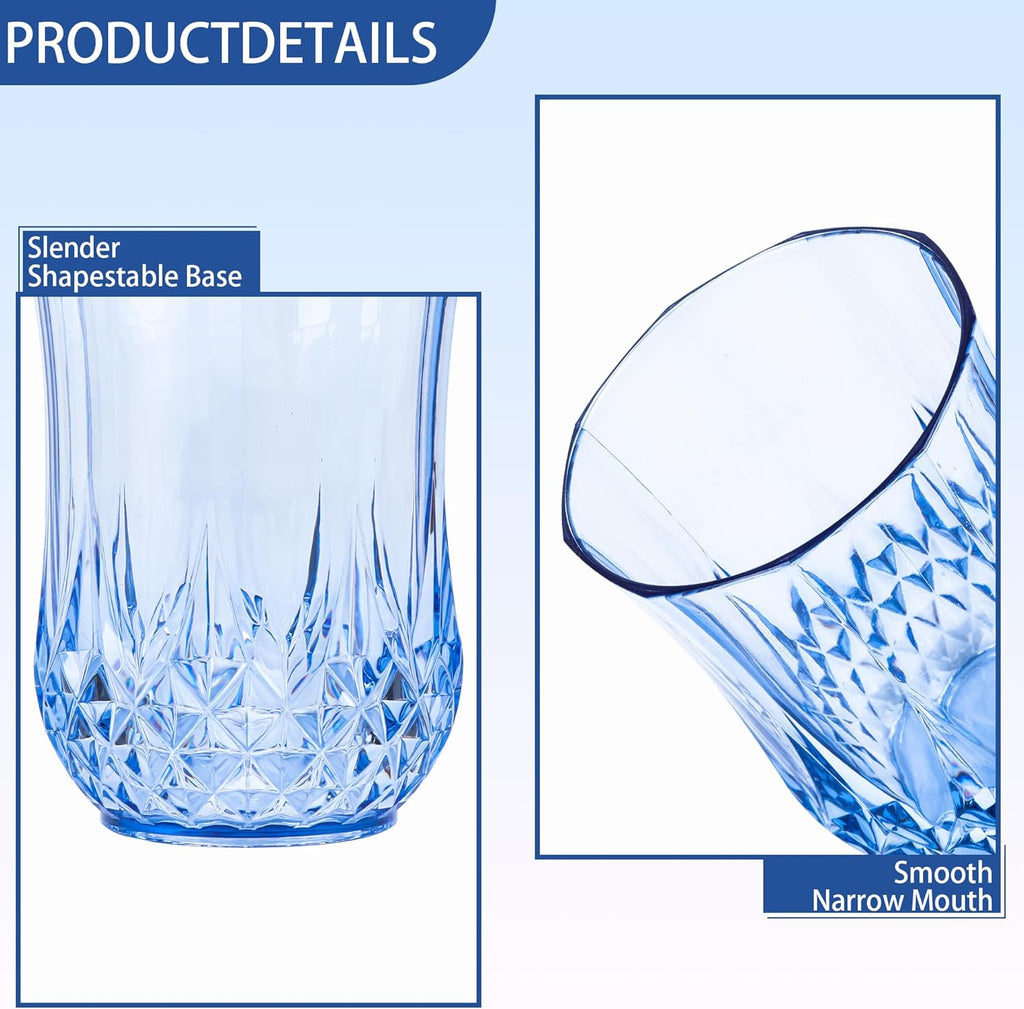 12 PCS Blue Stemless Wine Glasses，Plastic Reusable Cups 9OZ Vintage Drinking Glasses Tumblers for Whisky, Beer, Juice, Beverages, Cocktai