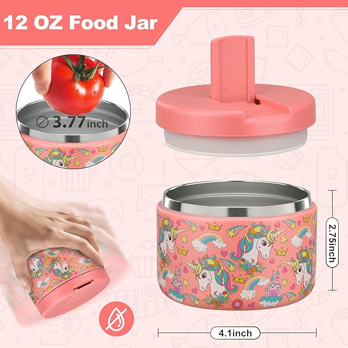 12oz Kids Soup Thermo for Hot Food Insulated Vacuum Food Jar with Buckle Lid, Stainless Steel Wide Mouth Leak Proof Lunch Container for School Travel-Pink