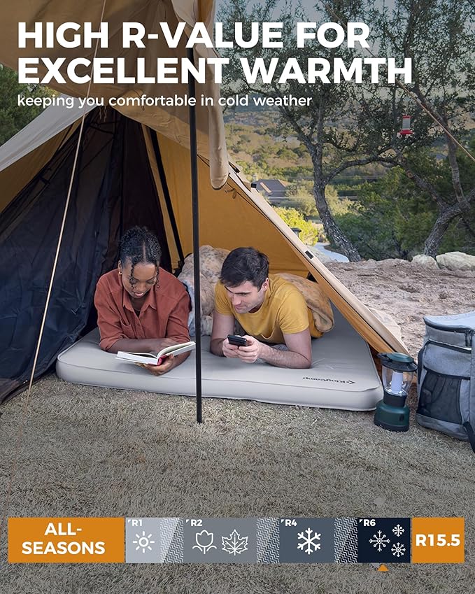KingCamp Double Sleeping Pad, 2 Person Queen R 15.5 Self Inflating Sleeping Pad, 6"" Ultra Thick Full Size Foam Mattress Mat for Outdoor Camping Tent Car, PVC Free (Medieumgrey)
