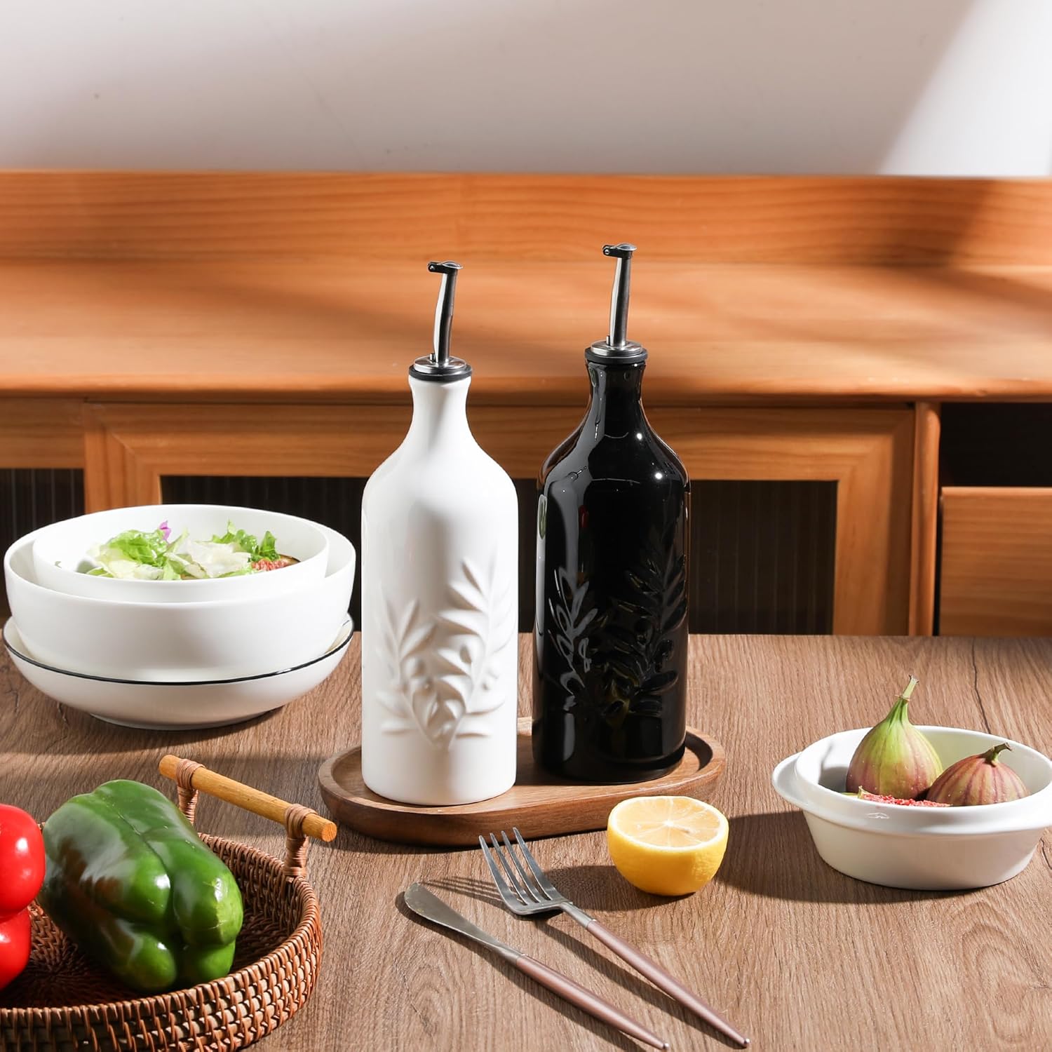 Sweejar Ceramic Olive Oil Dispenser Bottle, 20 Oz Relief Opaque Oil Cruet Protects To Reduce Oxidation, Suitable for Storage Vinegar, Soy Sauce,Liquids,Set of 2 (White Black)