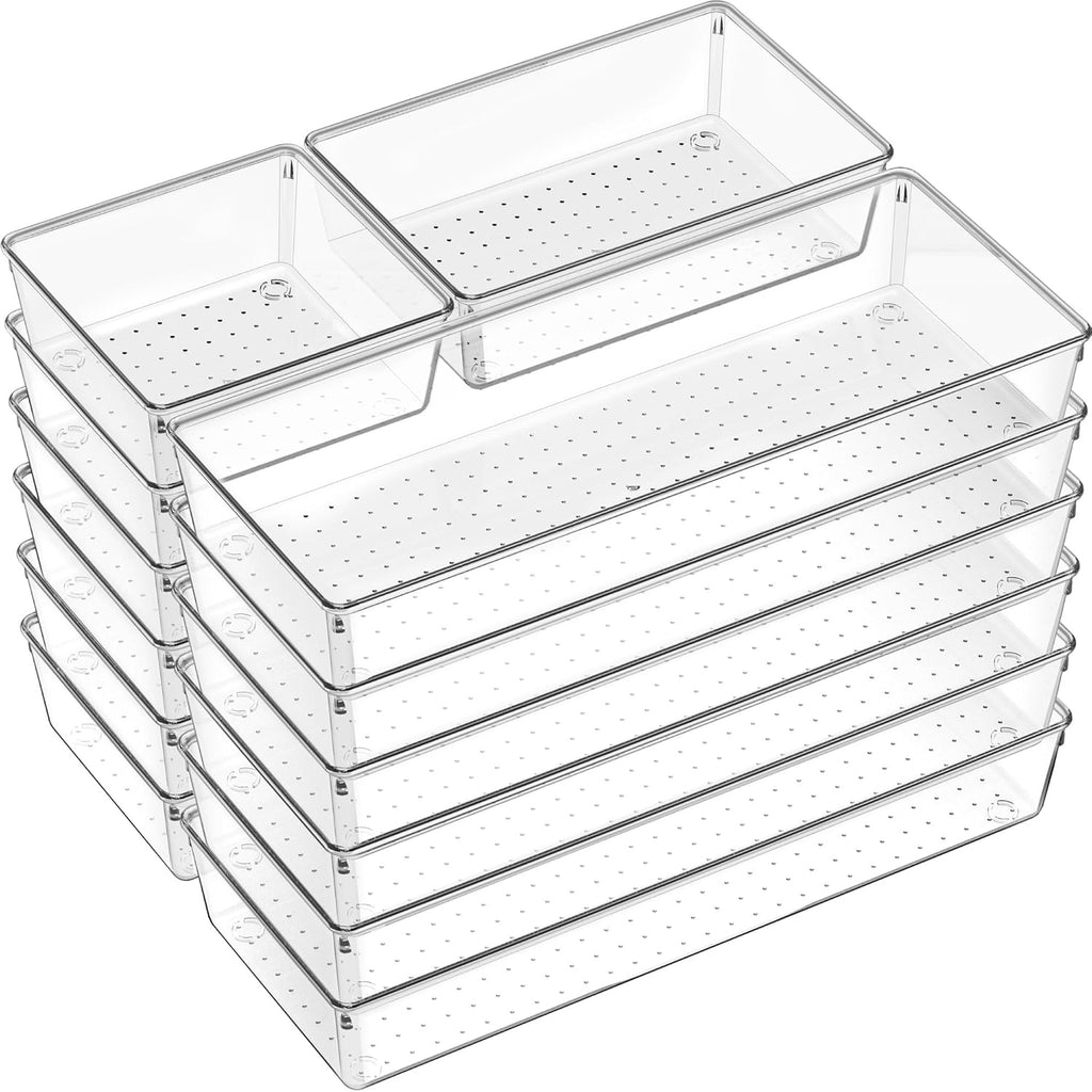 Criusia 18 Pcs Large Size Clear Drawer Organizer Set, Acrylic Non Slip Non Cracking Kitchen Drawer Storage Tray Divider, Multifunctional Storage for Cosmetics, Bathroom, Tools, Kitchen and Office