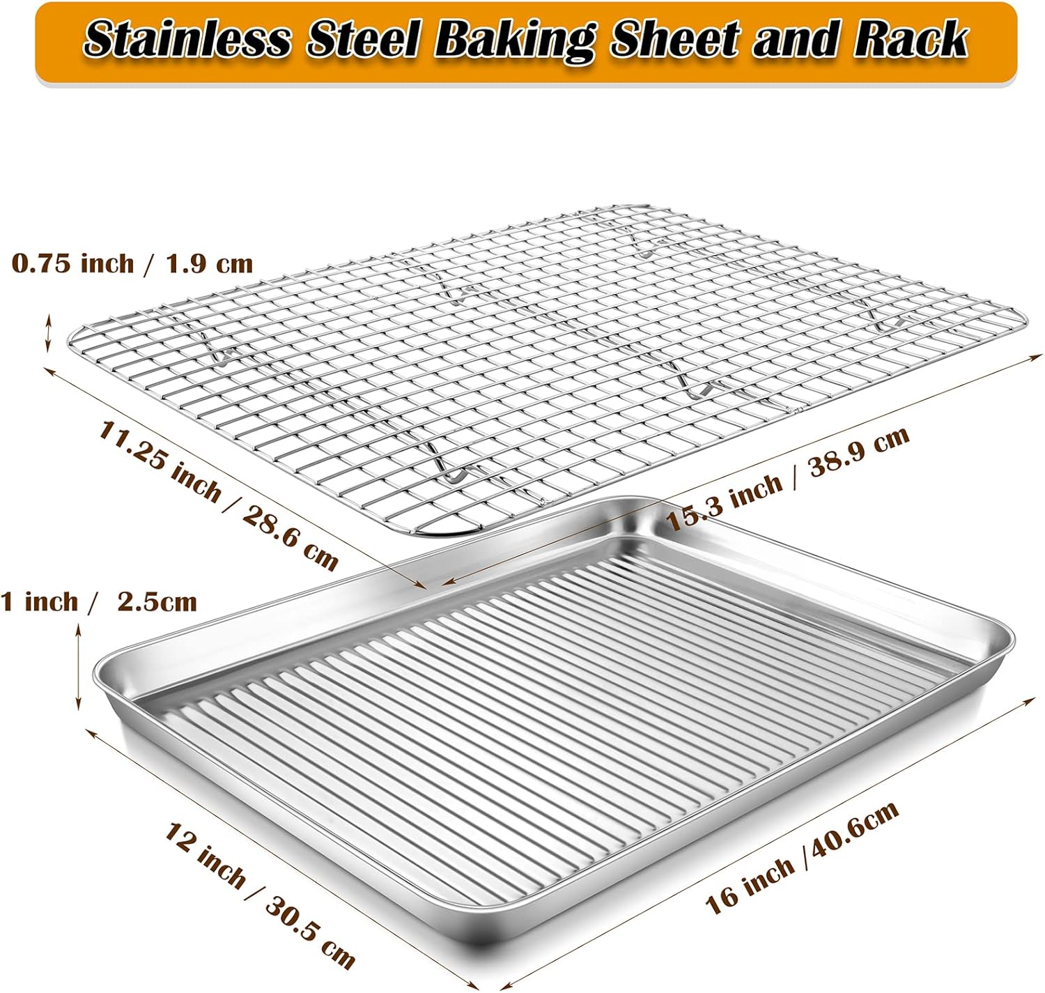 P&P CHEF Baking Oven Pan with Wire Rack, Stainless Steel Baking Oven Sheet Tray, Bacon Pan and Cooling Rack for Cooking Roasting Cookie, Dishwasher Safe & Easy Clean, 16 x 12 x 1 Inch