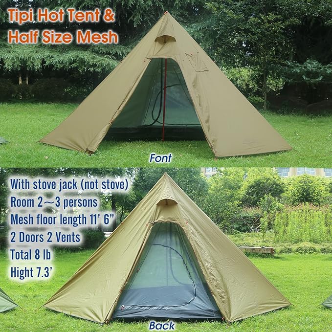 4 Persons 5lb Lightweight Tipi Hot Tents with Stove Jack, 7'3" Standing Room, Teepee Tent for Hunting Family Team Backpacking Camping Hiking