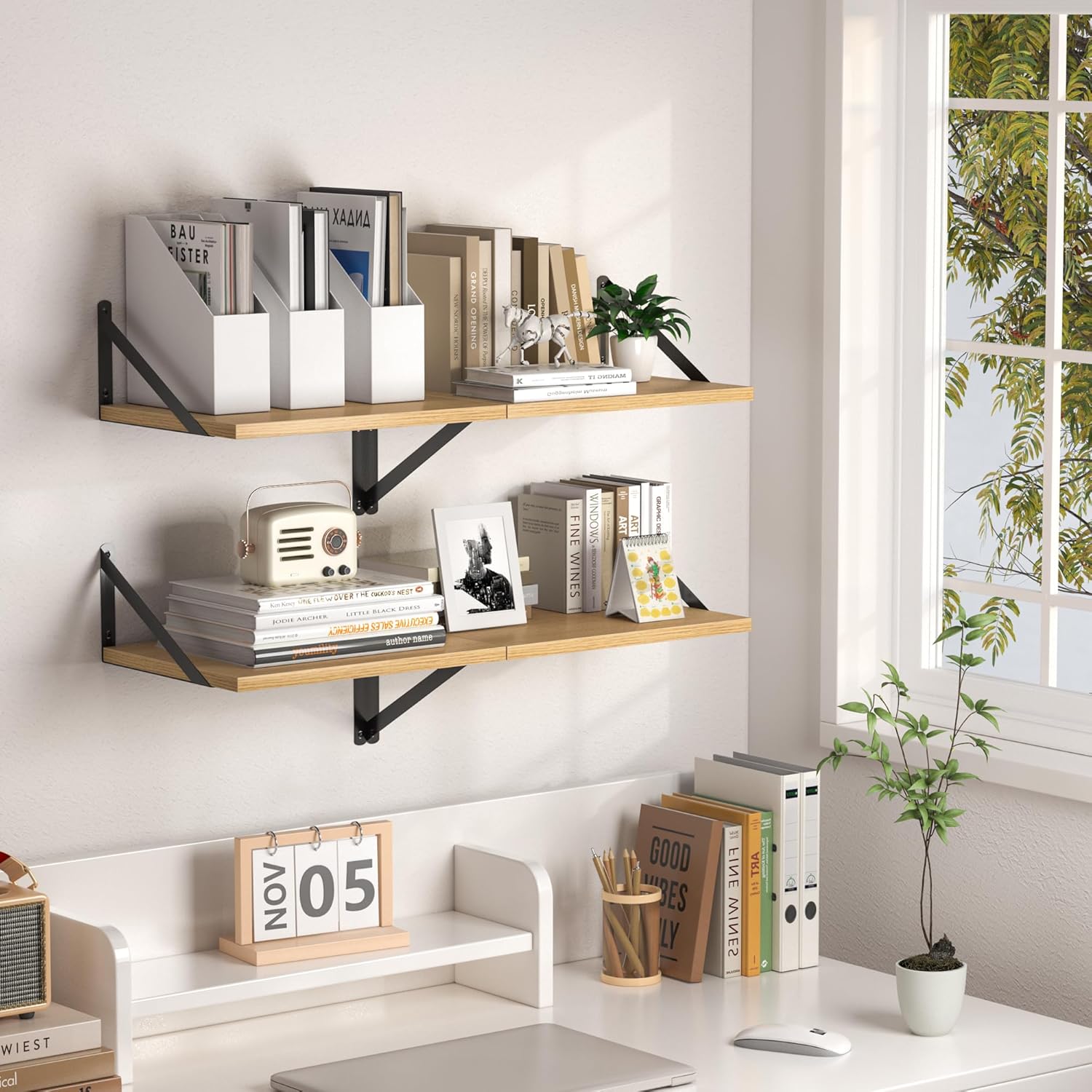 Heimlove 12 Inch Deep Floating Shelves for Wall, 16W x 12D Wood Wall Shelves Set of 2, Rustic Oak Wide Floating Bookshelf for Living Room, Kitchen, Office, Bedroom, with Black Metal Bracke - Oak