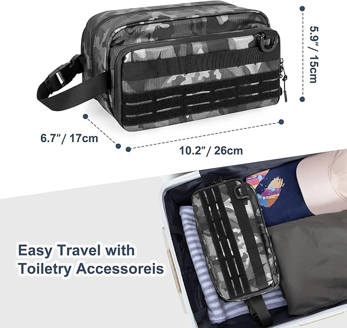 Toiletry Travel Bag for Men Tactical Hygiene Bag, Shaving Kit Toiletries Organizer Dopp Kit with Large Capacity, Black Camo(Empty Bag Only)