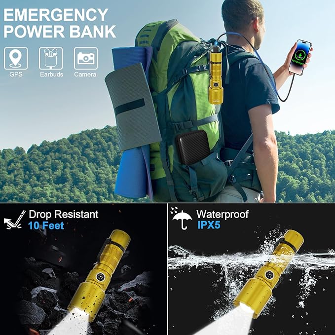 Flashlights High Lumens Rechargeable, 20000 Lumens Super Bright 1500 Meters Long Range Small Powerful Flashlight, 6 Modes LED Tactical Pocket Waterproof Flash Light for Home Emergency (1, Yellow Gold)