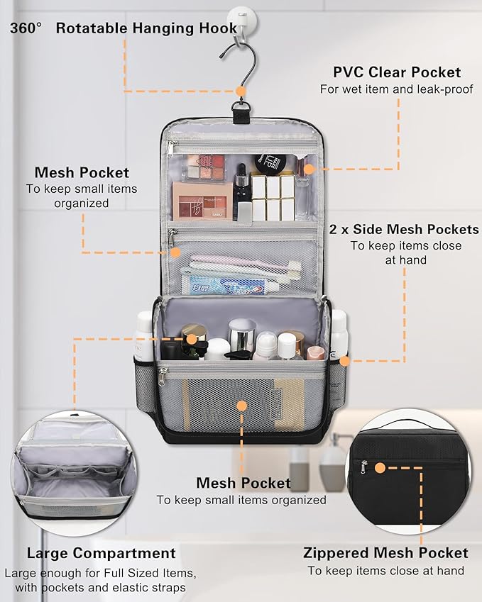 Relavel Toiletry Bag for Men, Hanging Travel Makeup Bag for Women, Waterproof Large Cosmetic Organizer Multiple Compartments for Accessories, Full Sized Toiletries, Dopp Kit Shaving Bag, Black