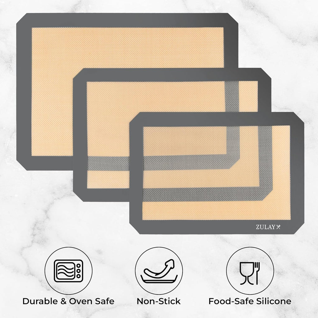 Zulay Kitchen 16.5"x11.6" 3-Pack Silicone Baking Mat Sheet - Reusable Silicone Baking Sheet - Easy & Convenient Nonstick Baking Supplies - Silicone Mats for Baking - Baking Mat For Oven - (Dark Gray)