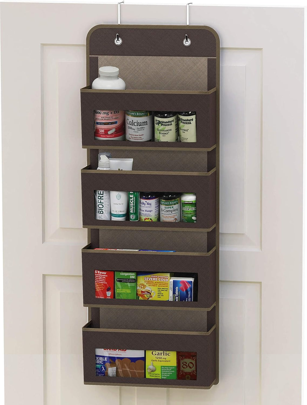 Simple Houseware 4 Clear Window Pocket Over Closet Door Storage Hanging Organizer for Bedroom, Bathroom, Pantry, Brown