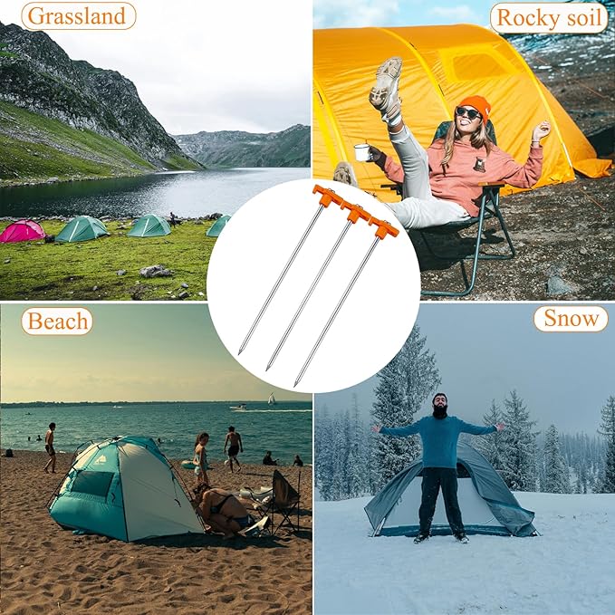 20 Pcs Tent Stakes Heavy Duty Ground Stake for Camping, 10 Inch Galvanized Non-Rust Metal Tent Pegs Tent Spikes Yard Stakes for Outdoor Canopy Garden Hiking -Orange