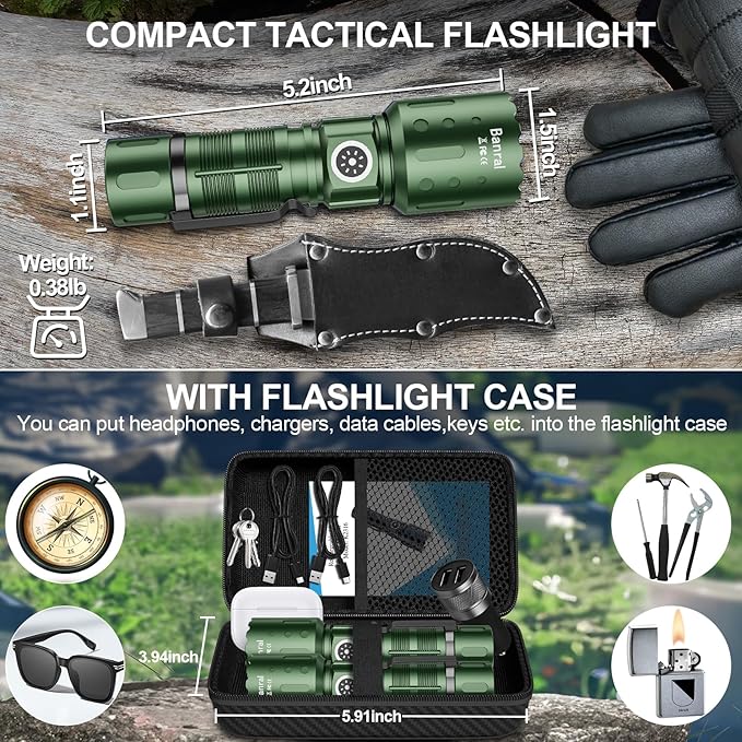 Flashlights High Lumens Rechargeable, 20,000 Lumens Super Bright 1500 Meters Long Range Small Powerful Flashlight, 6 Modes LED Tactical Pocket Waterproof Flash Light for Home Emergency (2, Green)