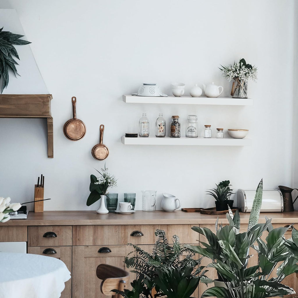 Colima Floating Shelves for Wall White Wood Shelf for Bedroom, 36 Inch Wall Mounted Floating Shelves for Bathroom Living Room Kitchen Office, 1.3" Thick Floating Book Shelves for Wall, Set of 2