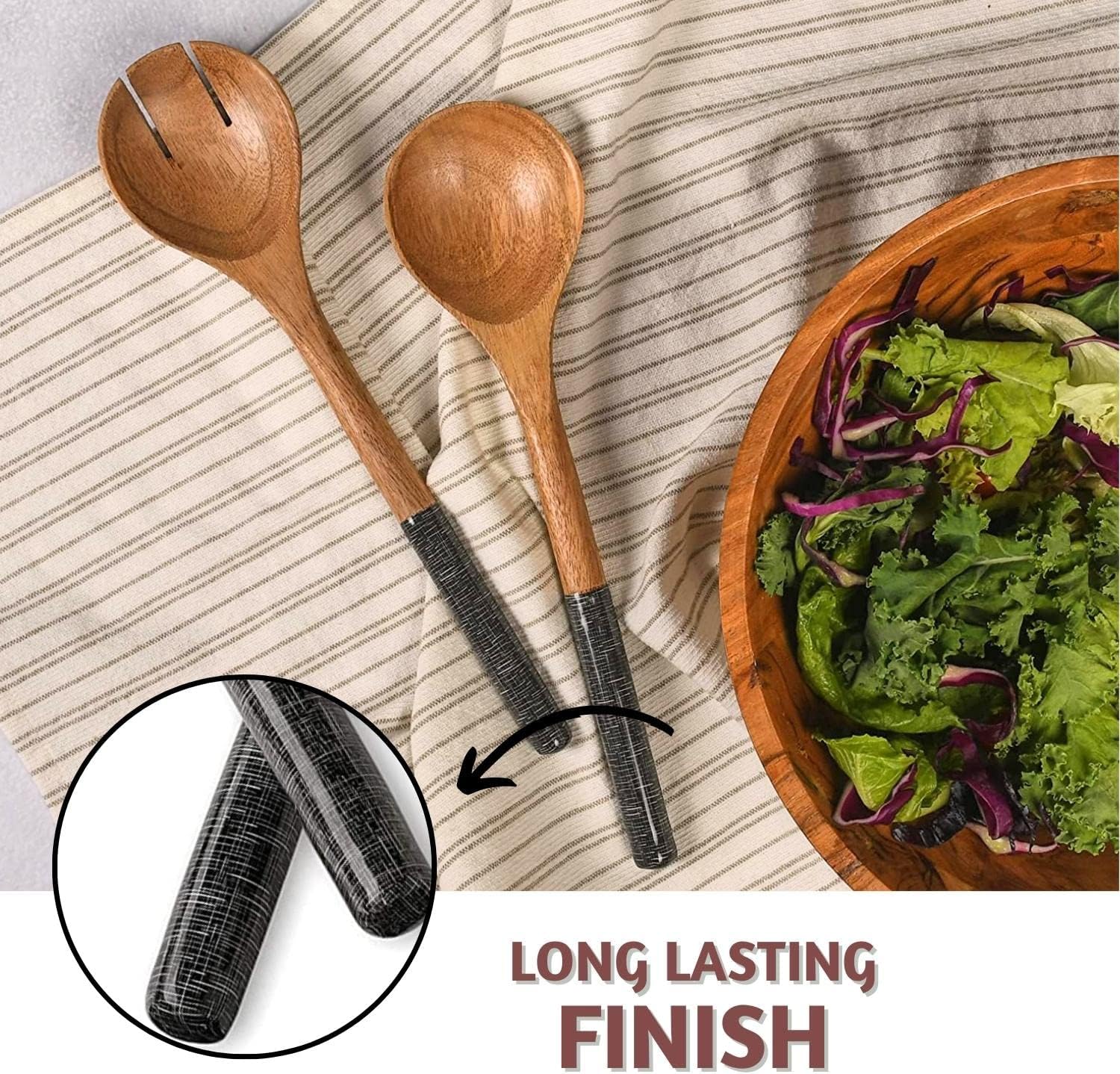 Folkulture Salad Servers or Salad Tongs, Wooden Utensils for Serving Salad, 12-inch Spoon and Fork Set, Mango Wood, Black Servers