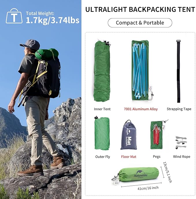 Naturehike Cloud-Up 1 Person Tent, Lightweight Backpacking Tents for One Man, Waterproof Ultralight One Person Tent for Camping Hiking Backpacking