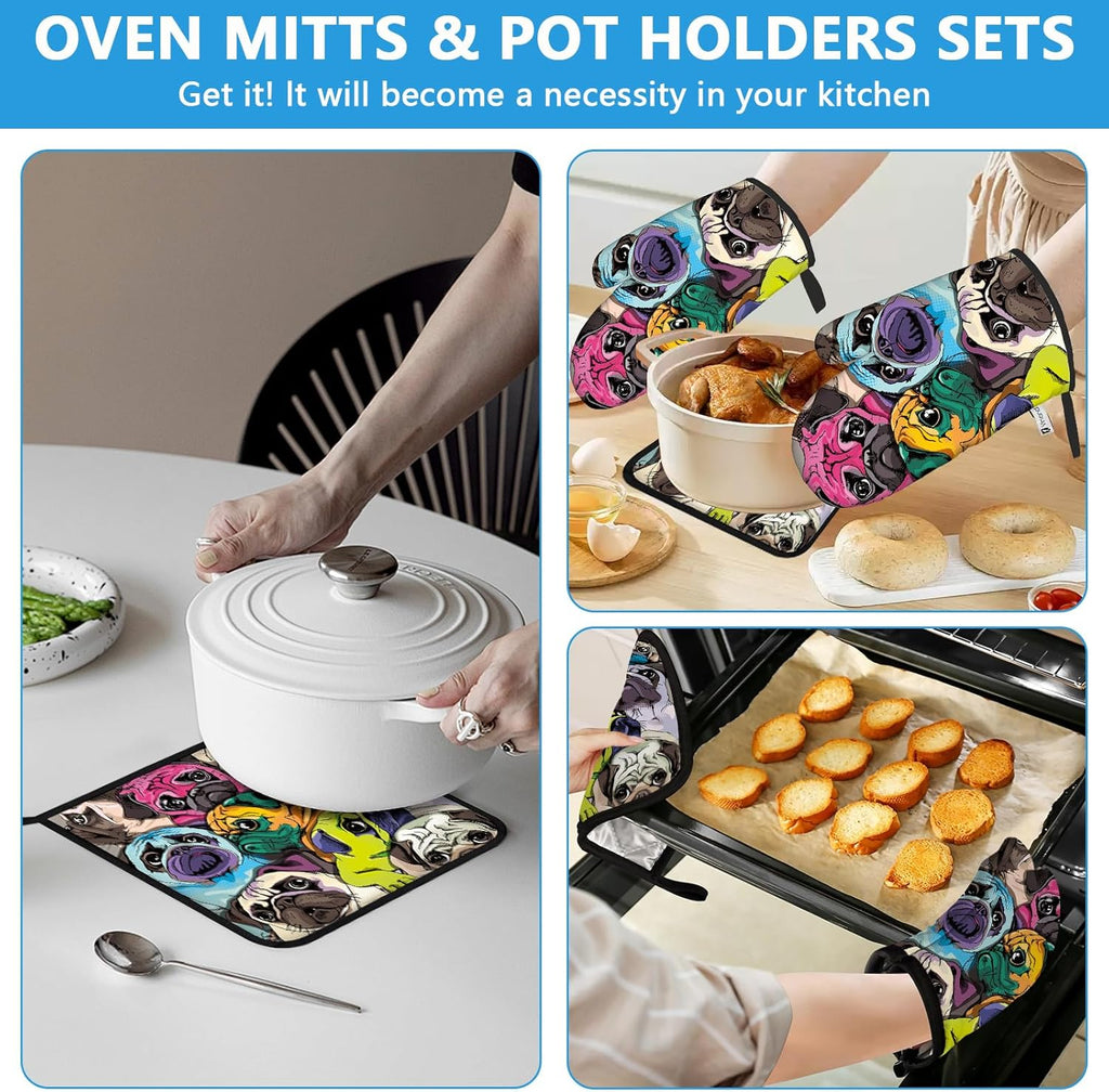 Colorful Pug Dog Face Oven Mitts and Pot Holders Sets Heat Resistant 4Pcs Potholders Oven Gloves Hot Pads for Kitchen Baking Cooking Grilling BBQ