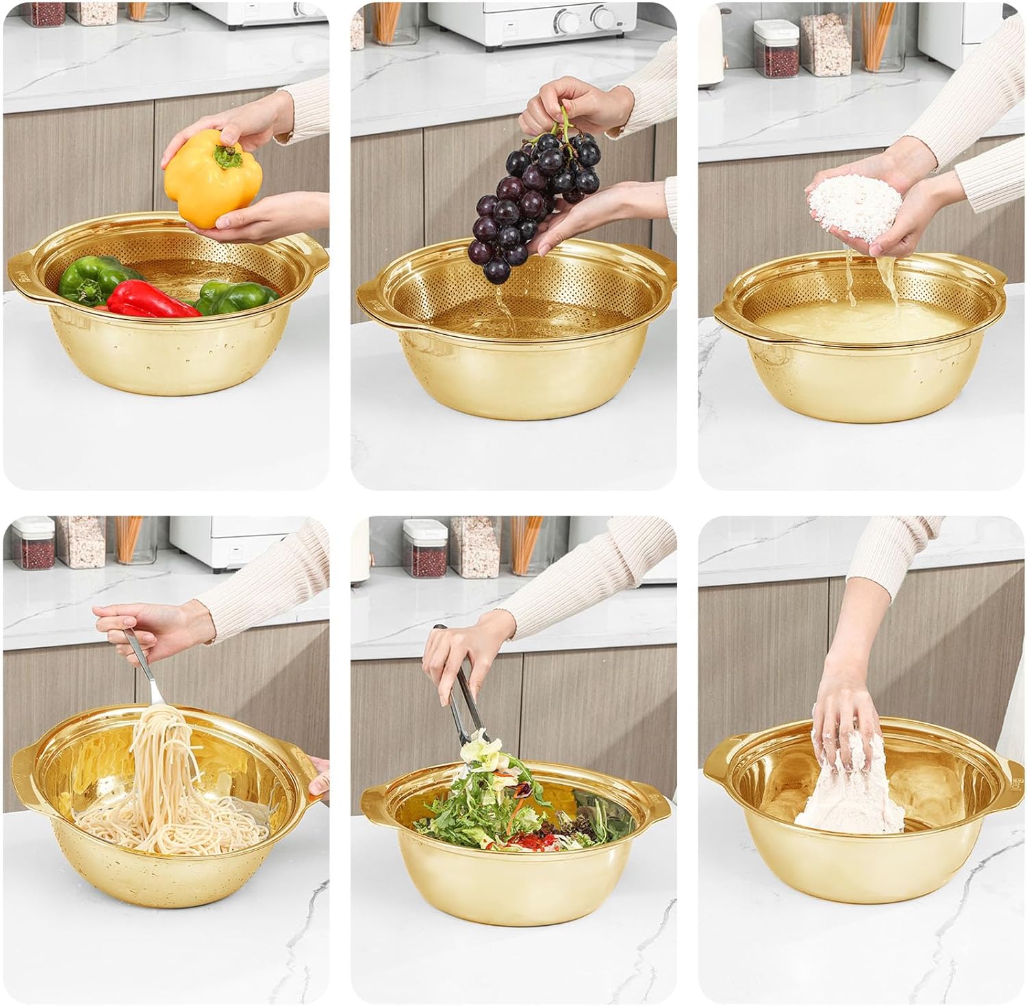 304 Stainless Steel Microporous Colander with Handle, Rice Washers Microporous Strainer Set For washing vegetables, fruits and rice, and draining cooked pasta(5QT with handle-Gold)